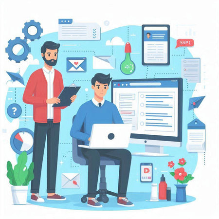 Flat design modern vector illustration concept for web and mobile website development, development, programming, coding, programming, social media, teamwork.のイラスト素材