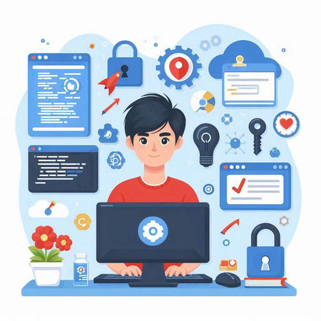 Internet security concept. Young man working on computer. Vector illustration.のイラスト素材