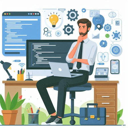 Programmer working on laptop in office. Vector illustration in flat styleのイラスト素材