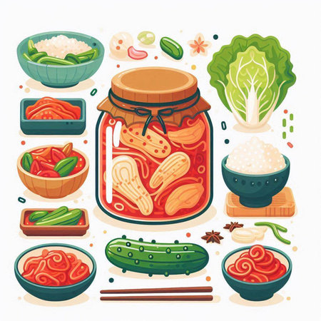 Korean traditional food, kimchi in glass jar and ingredients. Vector illustrationのイラスト素材