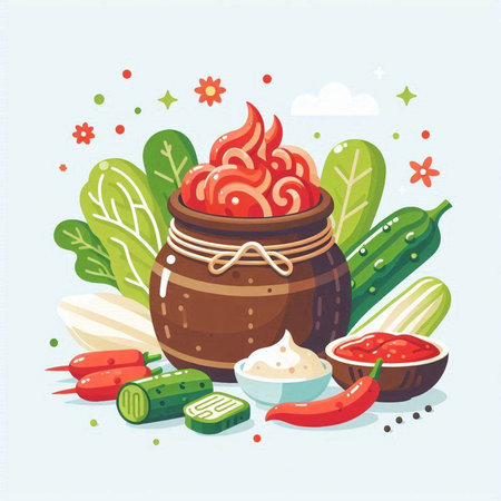 Vector illustration of a cauldron with ketchupnnaise, mustard, cucumber, chili pepper, dill, radish.のイラスト素材