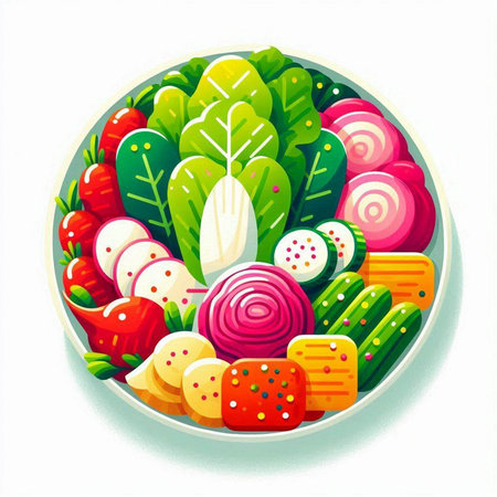 Illustration of fresh vegetable salad with tomato, cucumber and radish in a plateのイラスト素材