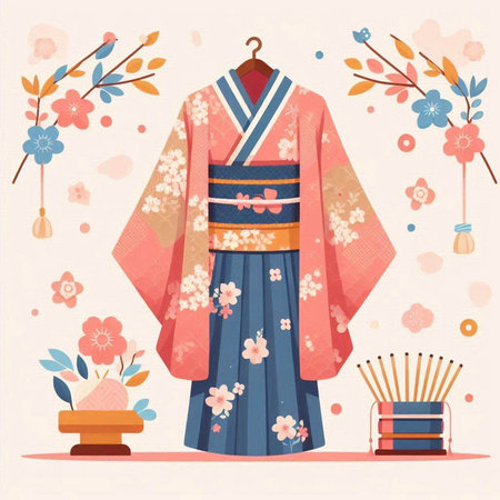 Japanese kimono. Traditional japanese clothing. Vector illustrationのイラスト素材
