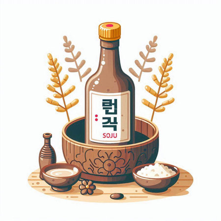 Illustration of a bottle of soy sauce in a wooden bowl.のイラスト素材