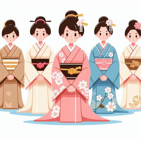 Illustration of Japanese people wearing traditional kimono, vector illustrationのイラスト素材