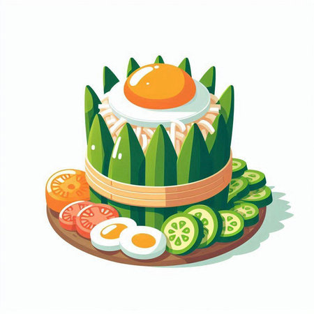 Illustration of rice cake with egg and cucumber on white backgroundのイラスト素材
