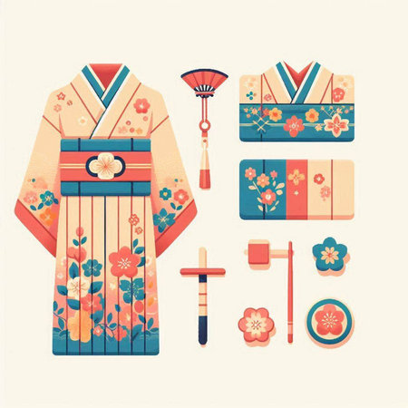 Japanese kimono set. Vector illustration in retro style. Japan traditional style.のイラスト素材