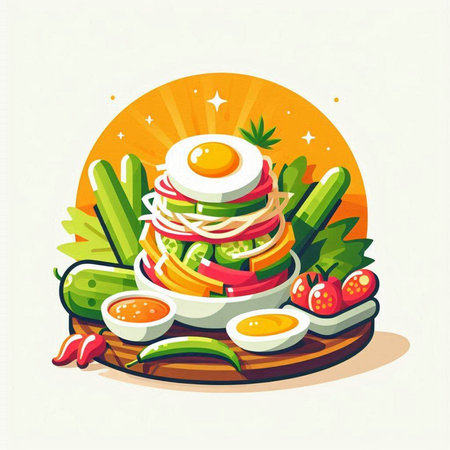 Korean food vector illustration. Vegetable salad with egg, cucumber, tomato, onion, pepper and chili.のイラスト素材