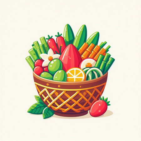 Vegetables and fruits in a wicker basket. Vector illustration.のイラスト素材