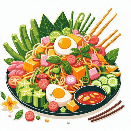 Illustration of Asian noodles with fried egg, cucumber, tomato, pepper, onion, soy sauce and chopsticksのイラスト素材