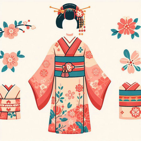 Japanese kimono with gifts and flowers in retro style. Vector illustration.のイラスト素材