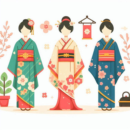 Japanese girls in traditional kimono with flowers. Vector illustration.のイラスト素材