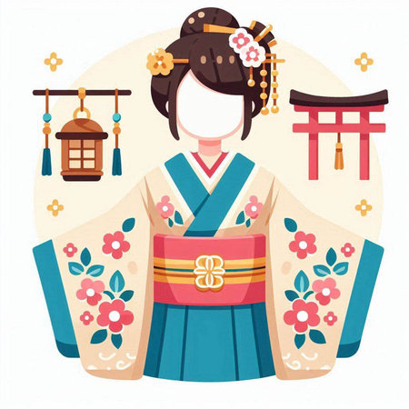 Japanese girl in traditional costume. Vector illustration in flat cartoon style.のイラスト素材
