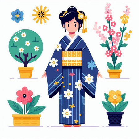Japanese girl in a kimono with flowers. Vector illustration.のイラスト素材