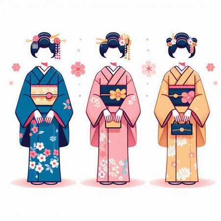 Illustration of three Japanese girls in traditional kimono. Vector illustration.のイラスト素材