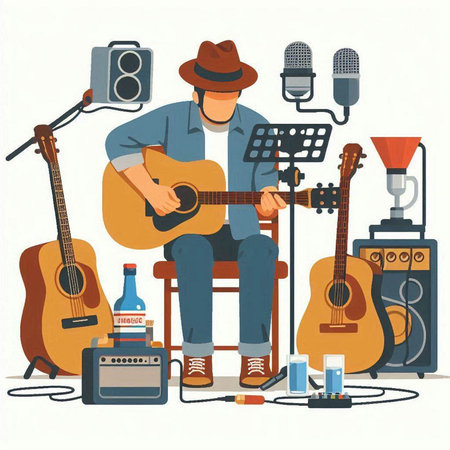 Musician in hat playing guitar and singing. Vector illustration in flat styleのイラスト素材