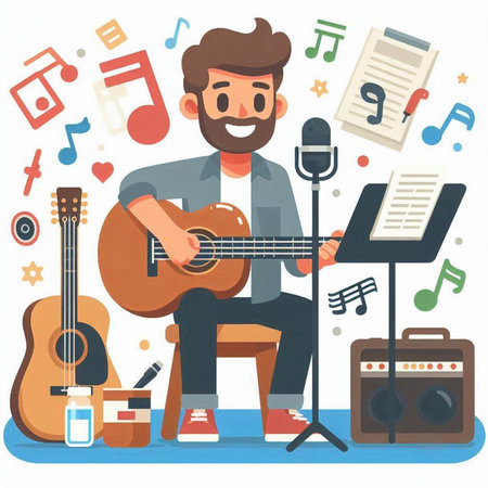 Musician playing guitar and singing in the recording studio. Flat style vector illustration.のイラスト素材