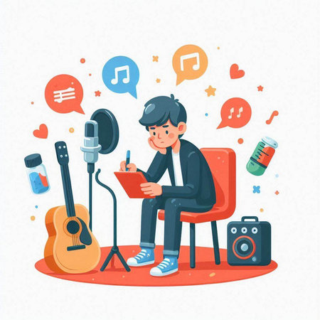 Boy singing and listening to music. Vector illustration in cartoon style.のイラスト素材