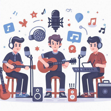 Music band. Vector illustration in flat cartoon style. Musician, singer, songwriter, musician.のイラスト素材