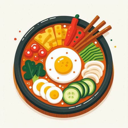 Korean food hot pot with vegetables and egg. Vector illustration.のイラスト素材