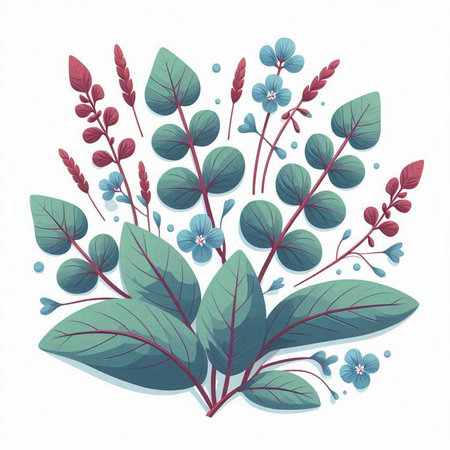 Illustration of a bouquet of leaves and flowers on white backgroundのイラスト素材