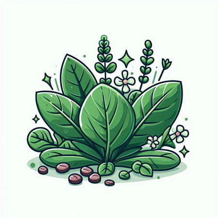 Illustration of a bunch of fresh green leaves and flowers on a white backgroundのイラスト素材