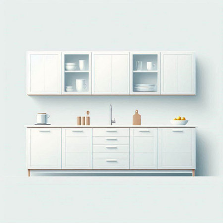 Kitchen interior design with white cupboard and shelves. Vector illustration.のイラスト素材