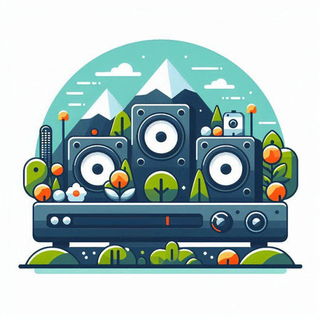 Vector illustration of a flat design of speakers with trees and mountains.のイラスト素材