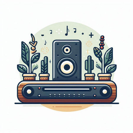 Flat design vector illustration concept of modern music system with speaker and plants.のイラスト素材