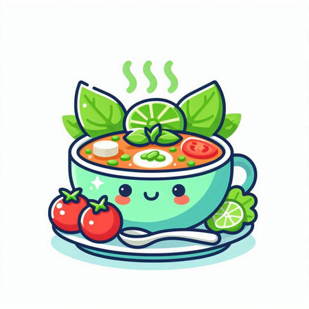 Cute cartoon bowl of soup with tomato and basil. Vector illustration.のイラスト素材