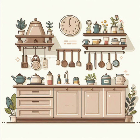 Kitchen interior with furniture and accessories. Vector illustration in flat styleのイラスト素材