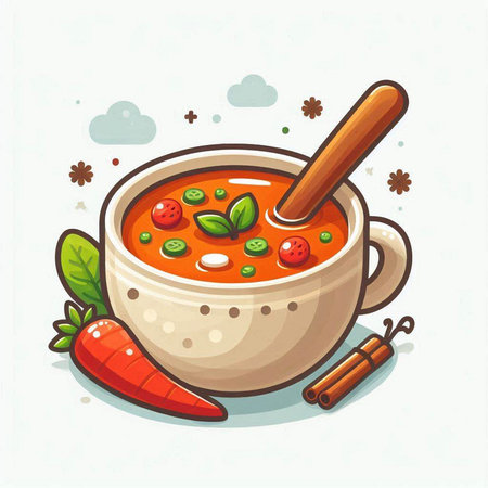 Tomato soup in bowl with spoon and spices. Vector illustration.のイラスト素材