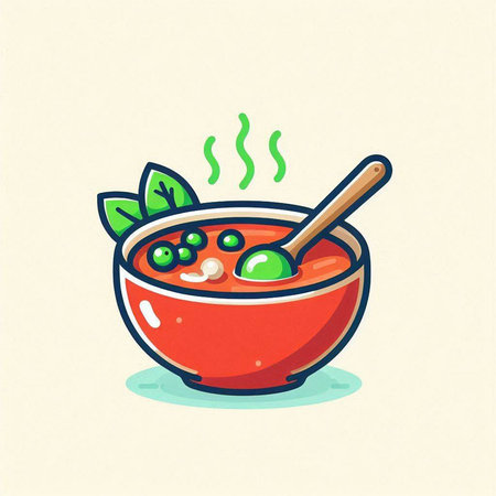 Vector illustration of a bowl of soup with a spoon in it.のイラスト素材
