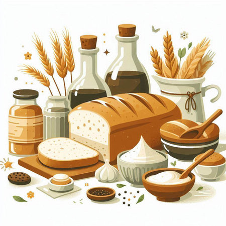 Illustration of bread, flour, oil, salt and other ingredientsのイラスト素材