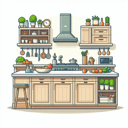 Kitchen interior with furniture and equipment. Vector illustration in cartoon style.のイラスト素材