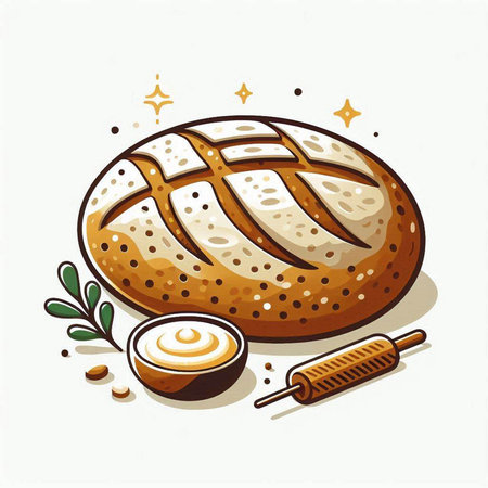 Illustration of a loaf of bread with a rolling pin and a spoonのイラスト素材