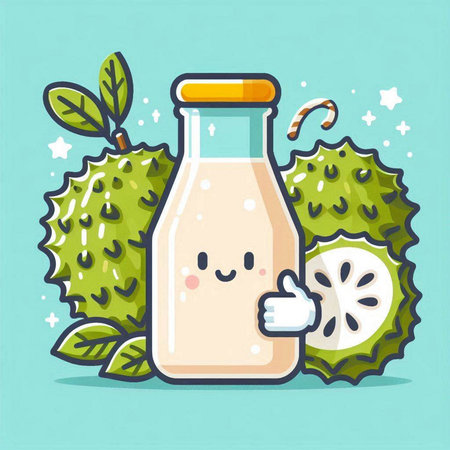 kawaii vector illustration of a bottle of milk with durian fruit in the backgroundのイラスト素材