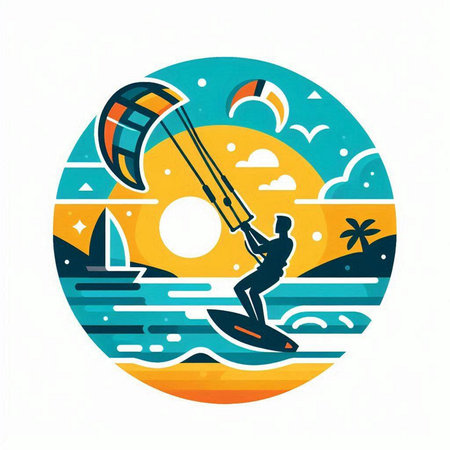 Kitesurfer on the sea. Vector illustration in flat styleのイラスト素材