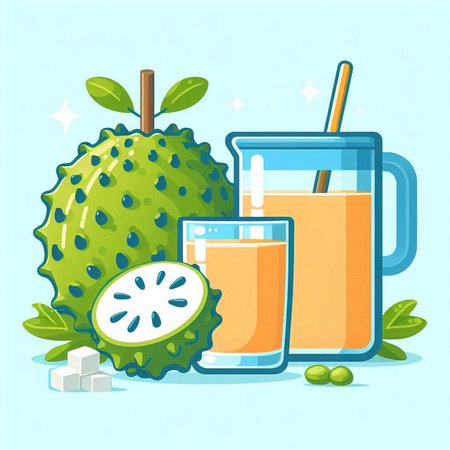 Soursop juice in a glass and a jar. Vector illustration.のイラスト素材