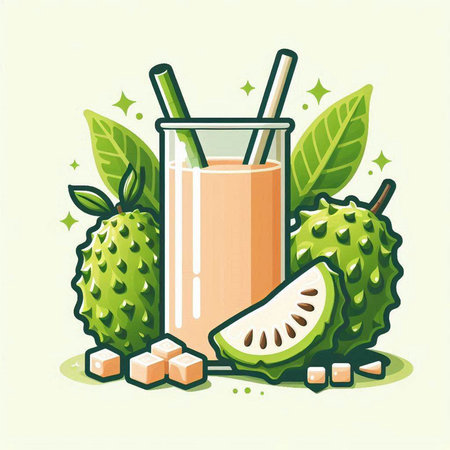 Vector illustration of a glass of fresh guava juice with fruits and leaves.のイラスト素材