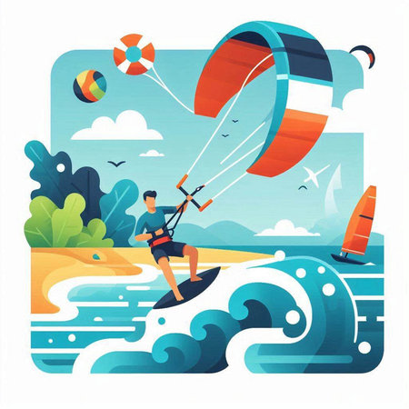 Kitesurfing on the beach. Vector illustration in flat styleのイラスト素材