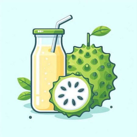 Soursop fruit and juice in a bottle. Vector illustration.のイラスト素材