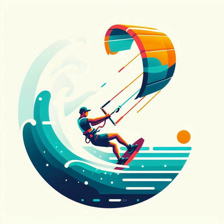 Kitesurfing. Man riding a kite. Vector illustrationのイラスト素材