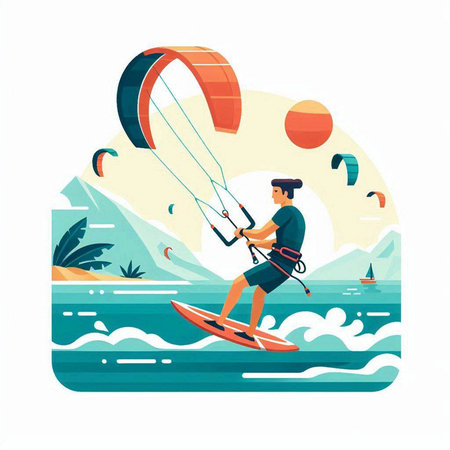 Man kitesurfer on the sea. Vector illustration in flat styleのイラスト素材