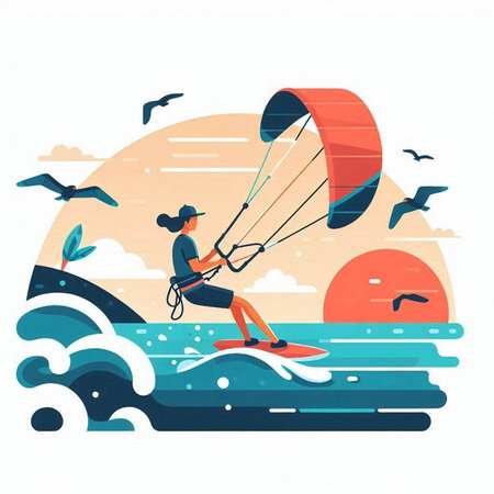 Man kitesurfing in the sea. Vector illustration in flat styleのイラスト素材