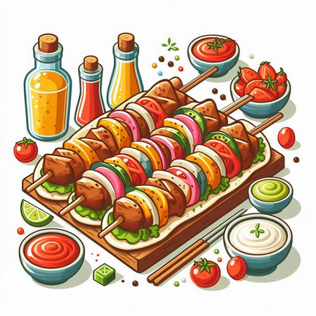 Illustration of kebab on skewers with vegetables and saucesのイラスト素材