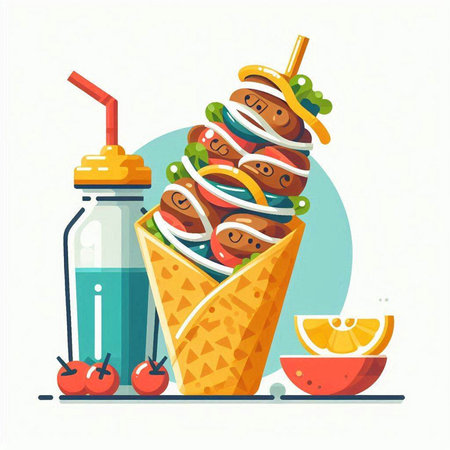 Fast food vector illustration. Fast food poster with hot dogs in waffle cone, cola and fruits.のイラスト素材