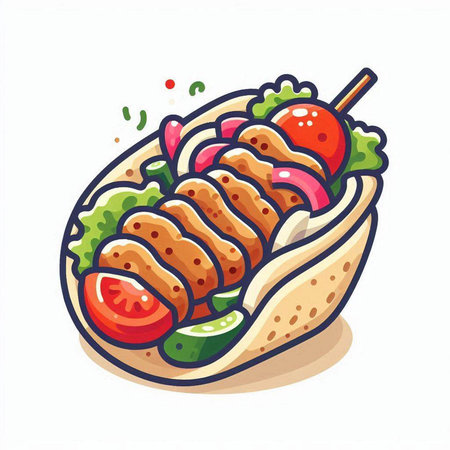 Illustration of hot dog with vegetables and sauce on a white backgroundのイラスト素材
