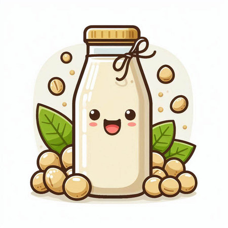 Soy milk bottle cartoon character with soybean pods vector illustration.のイラスト素材