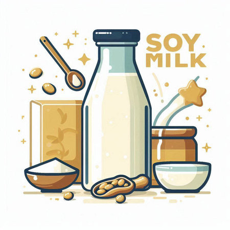 Vector illustration of soy milk in a bottle, bowl and spoon.のイラスト素材